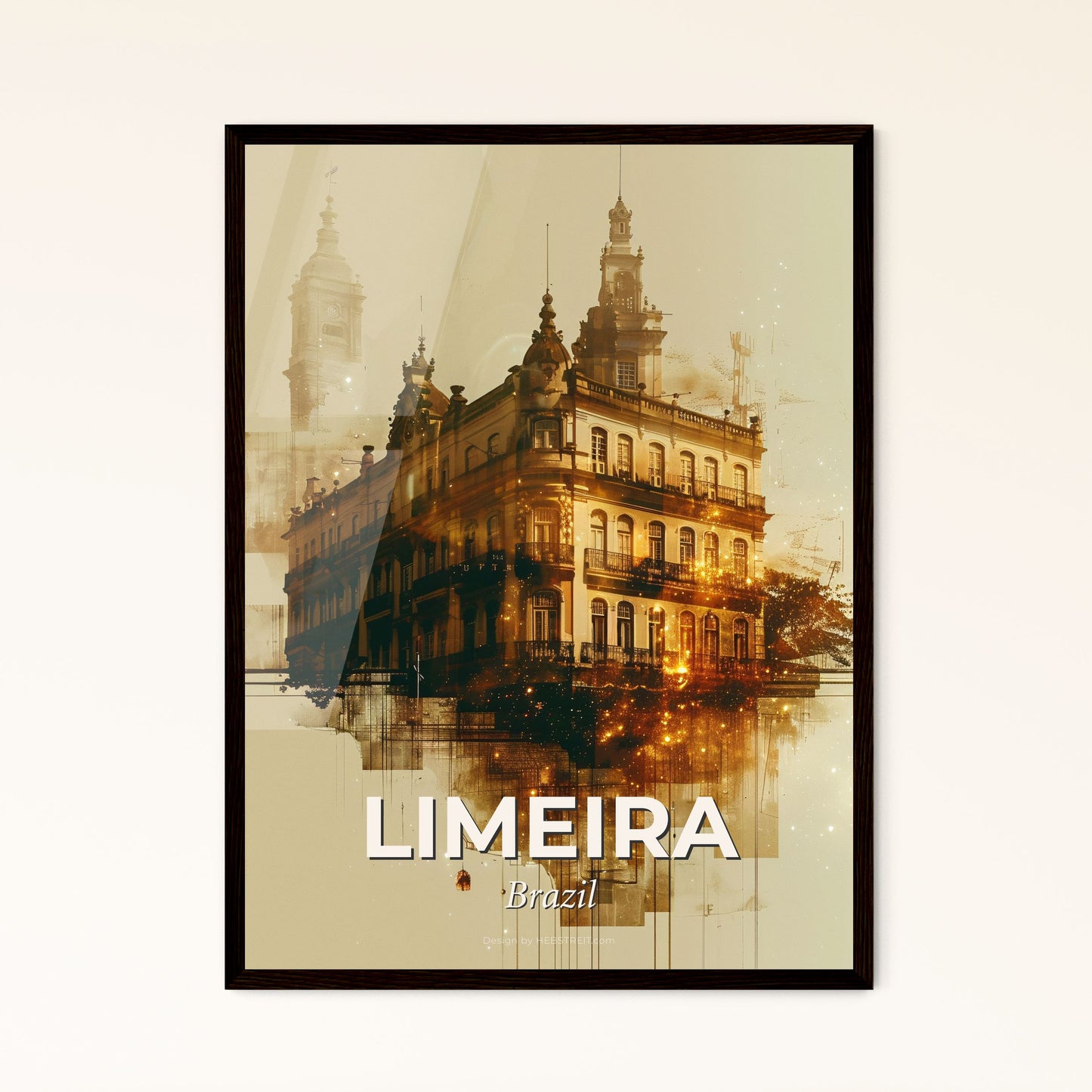 Limeira Skyline Cityscape Art Poster - A building with a tower and a clock tower