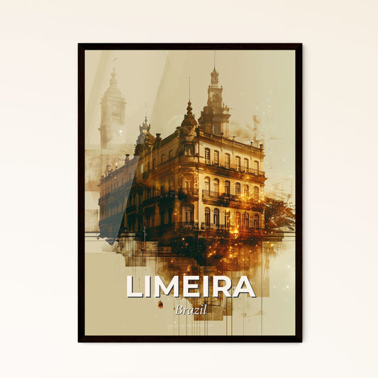 Limeira Skyline Cityscape Art Poster - A building with a tower and a clock tower