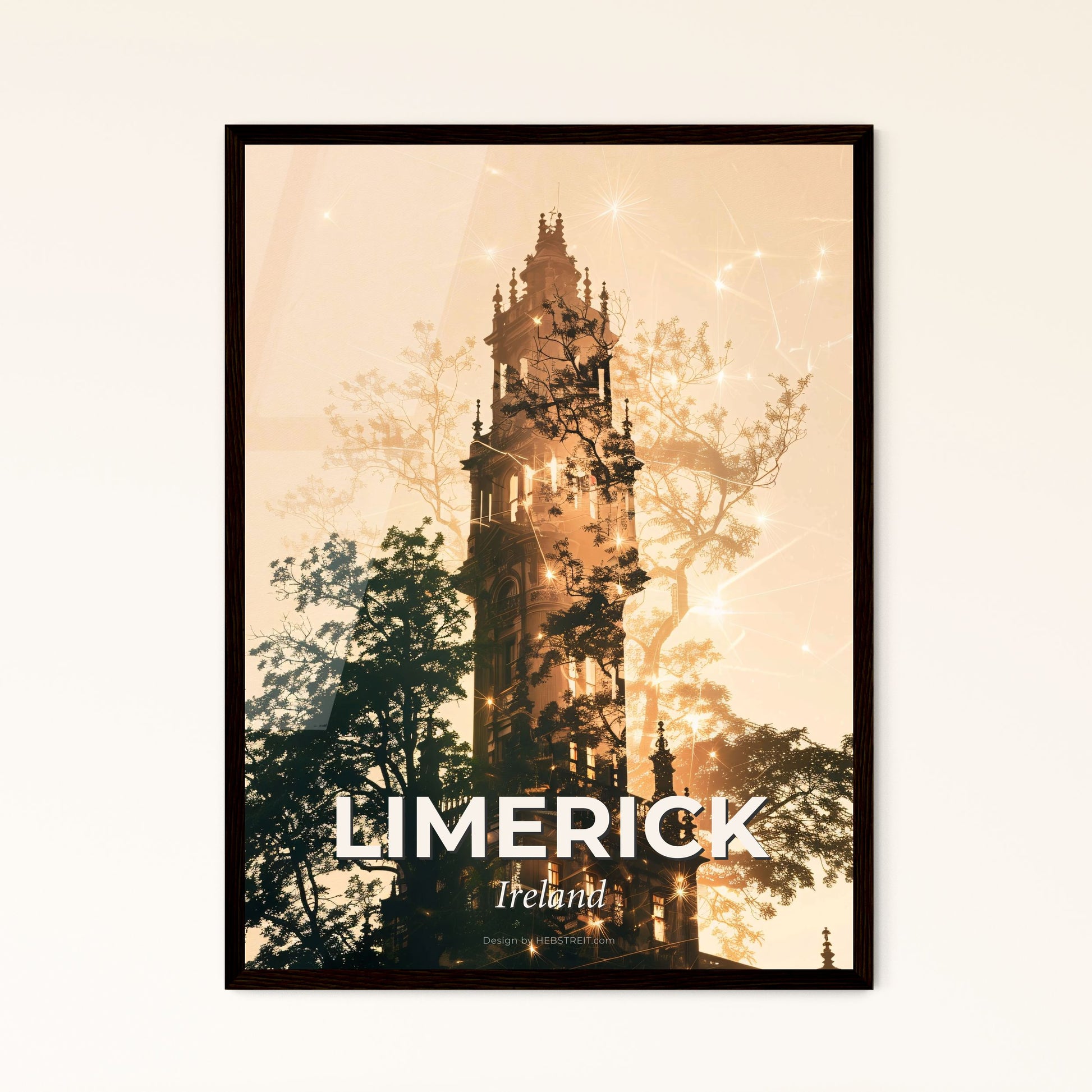 Limerick City Skyline Silhouette Double Exposure Art Poster - A tall building with trees and stars