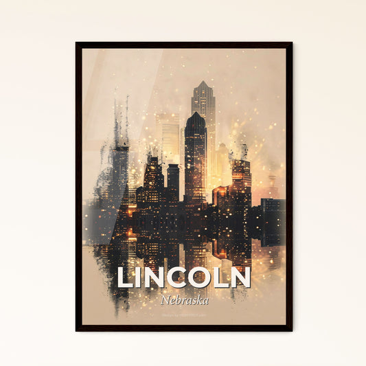 Lincoln Skyline Sparkle Composite Poster - A city skyline with lights reflecting on it