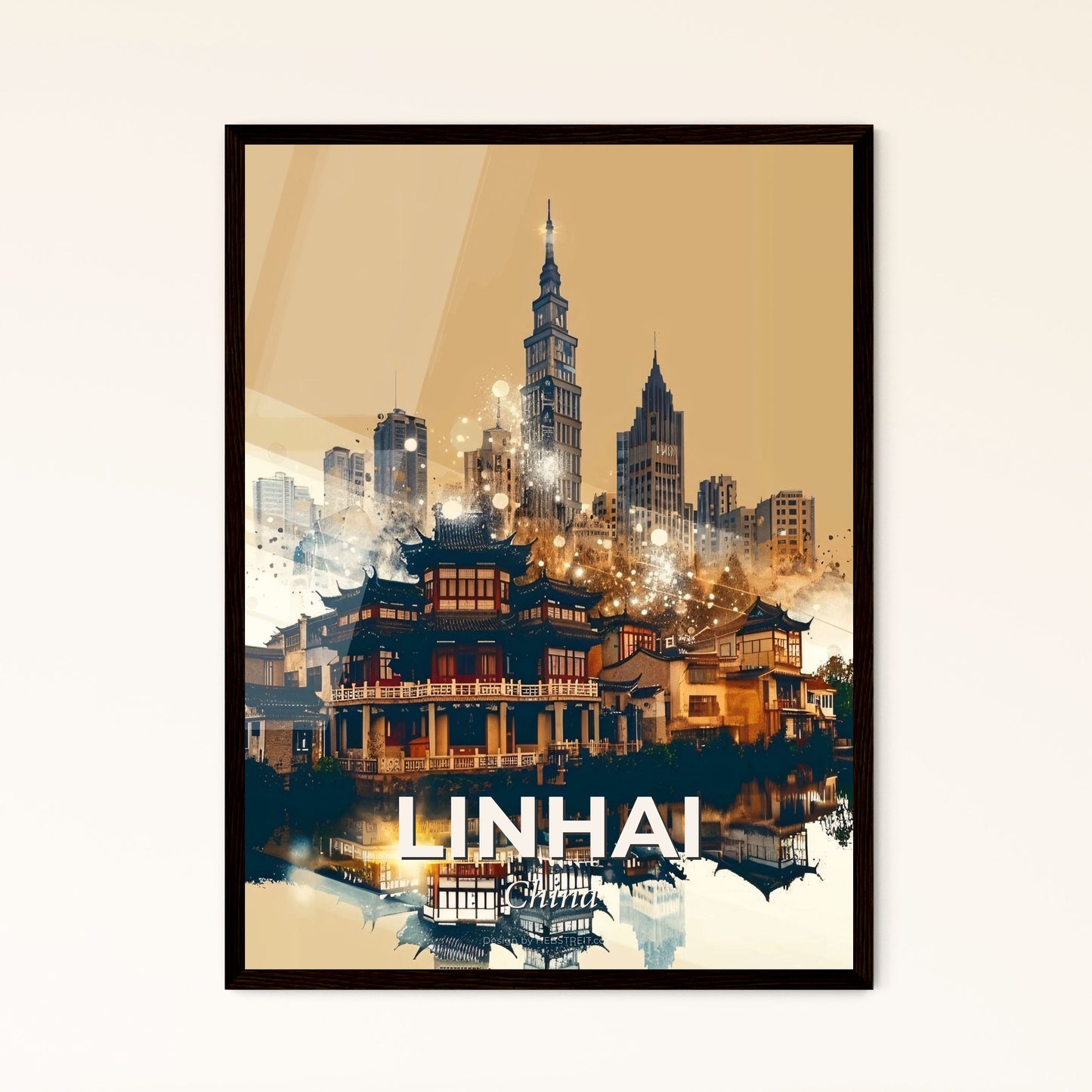 Linhai, China: Double Exposure Skyline Art - A cityscape with buildings and a river