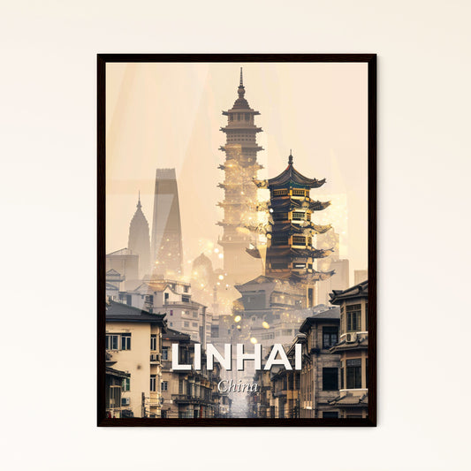 Linhai China Skyline Vista Night Lights Poster - A city with tall buildings and a tall tower