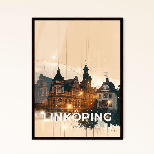 Linköping Skyline Minimalist Poster Art - A building with a tower and a street in the background