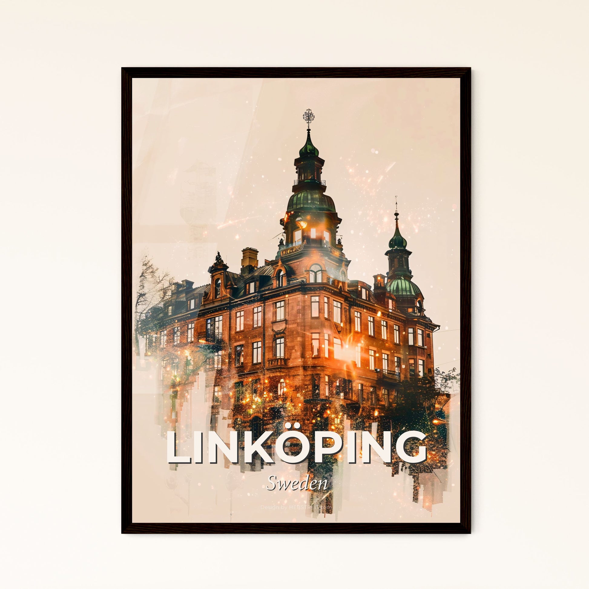 Linköping Skyline Double Exposure Poster Art - A building with a tower