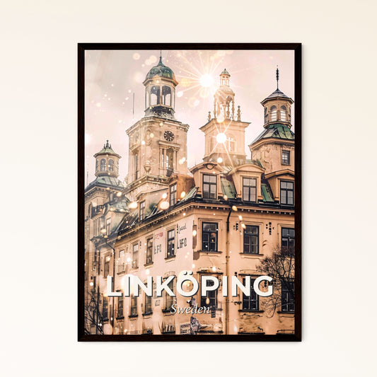 Linköping Skyline Double Exposure Art Poster - A building with a clock tower and a clock on top