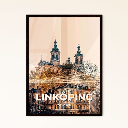 LinkÃ¶ping Cityscape Double Exposure Art Poster - A building with towers and trees