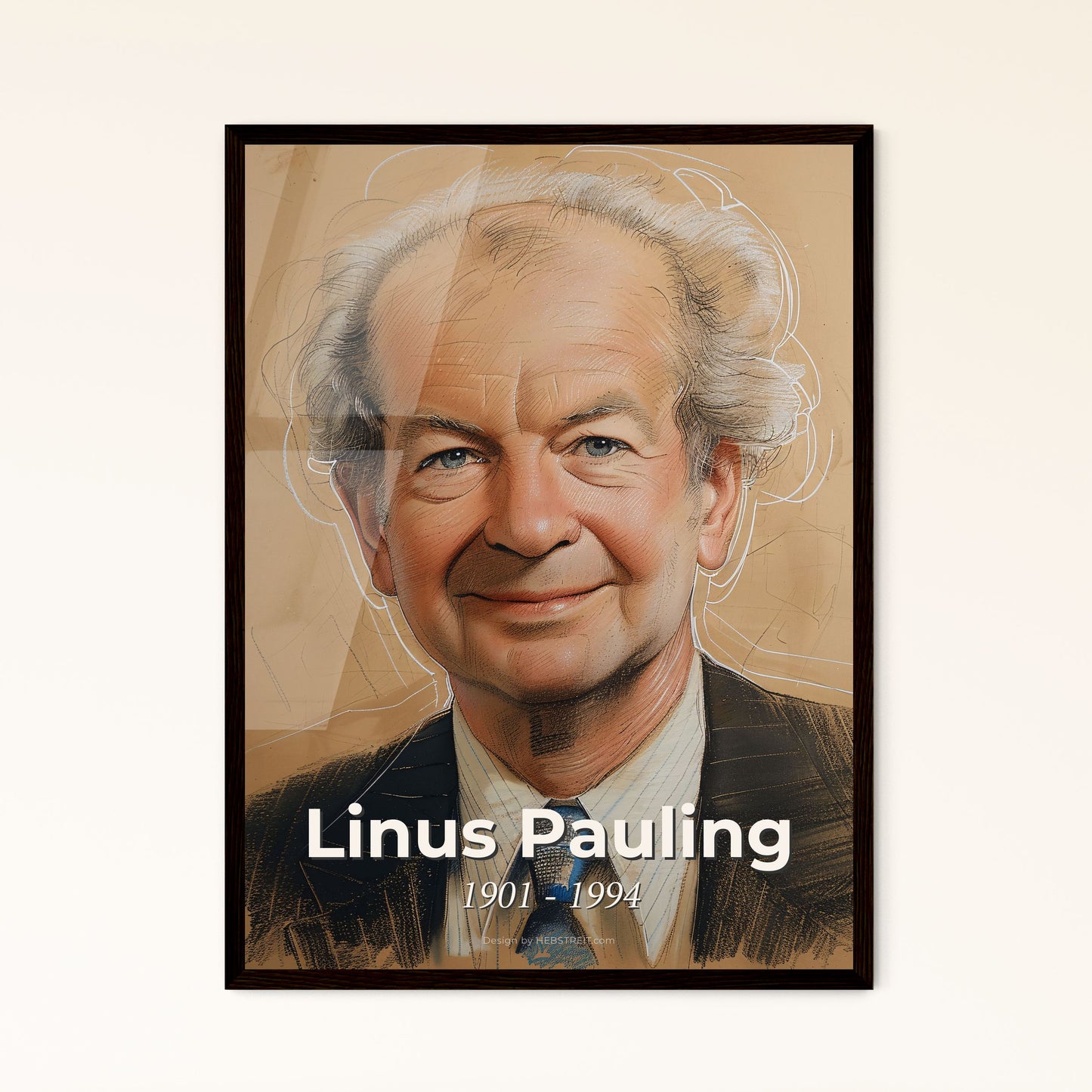 Dynamic Linus Pauling Portrait: Vibrant Contemporary Art Print on Beige, Celebrating the Iconic Chemist's Legacy and Charm