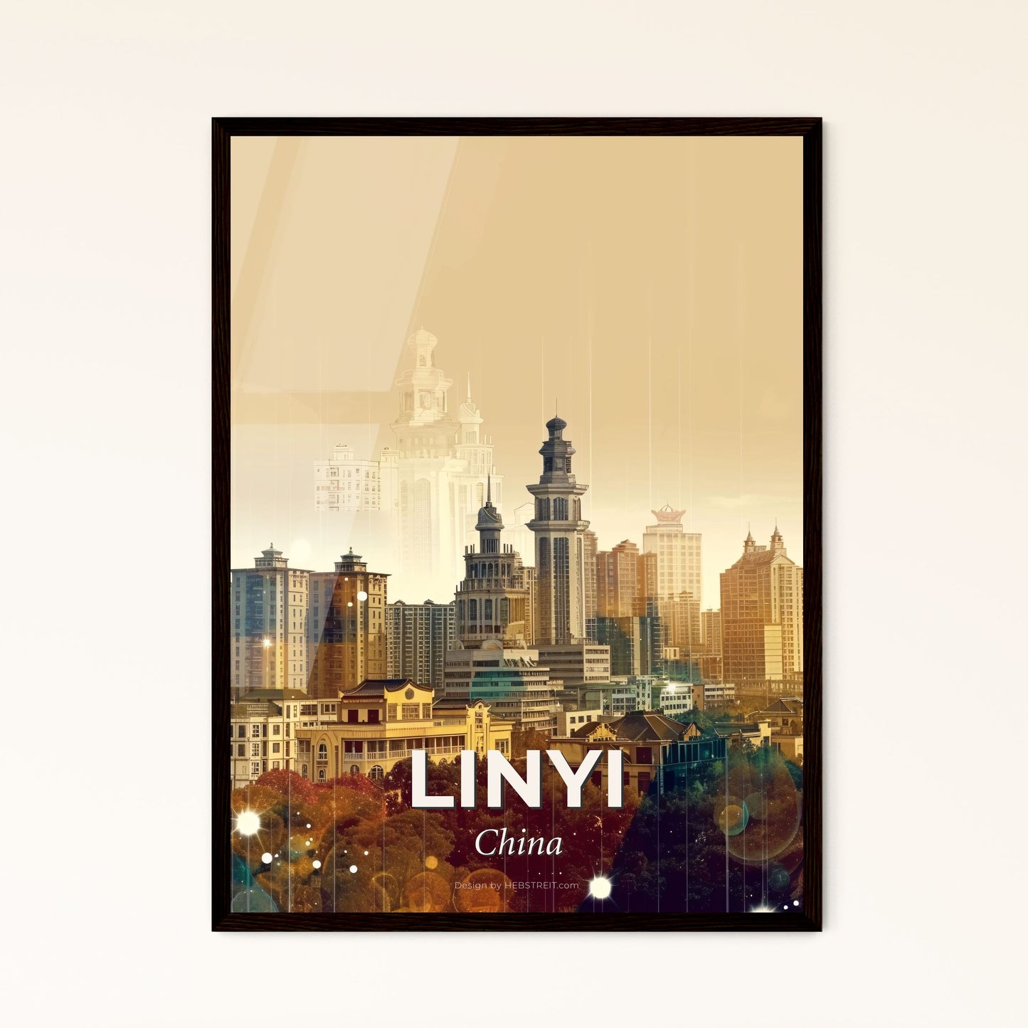 Linyi Cityscape Art: Local Icons in Double Exposure - A city skyline with many tall buildings