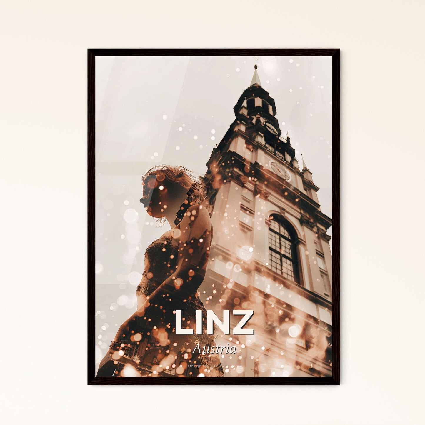 Linz Skyline Composite Art Poster, Beige - A woman standing in front of a tall building