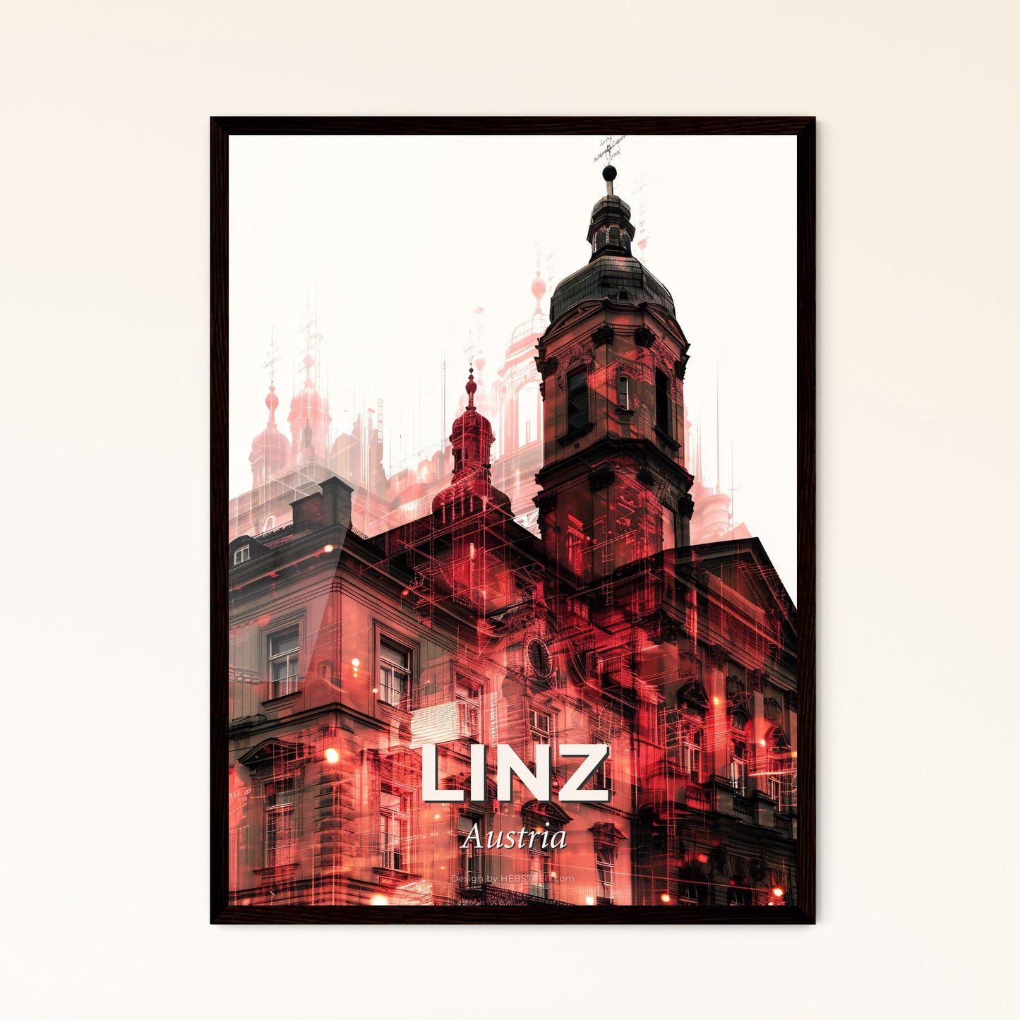 Linz Skyline Poster: Double Exposure Composite Silhouette Art - A building with a tower