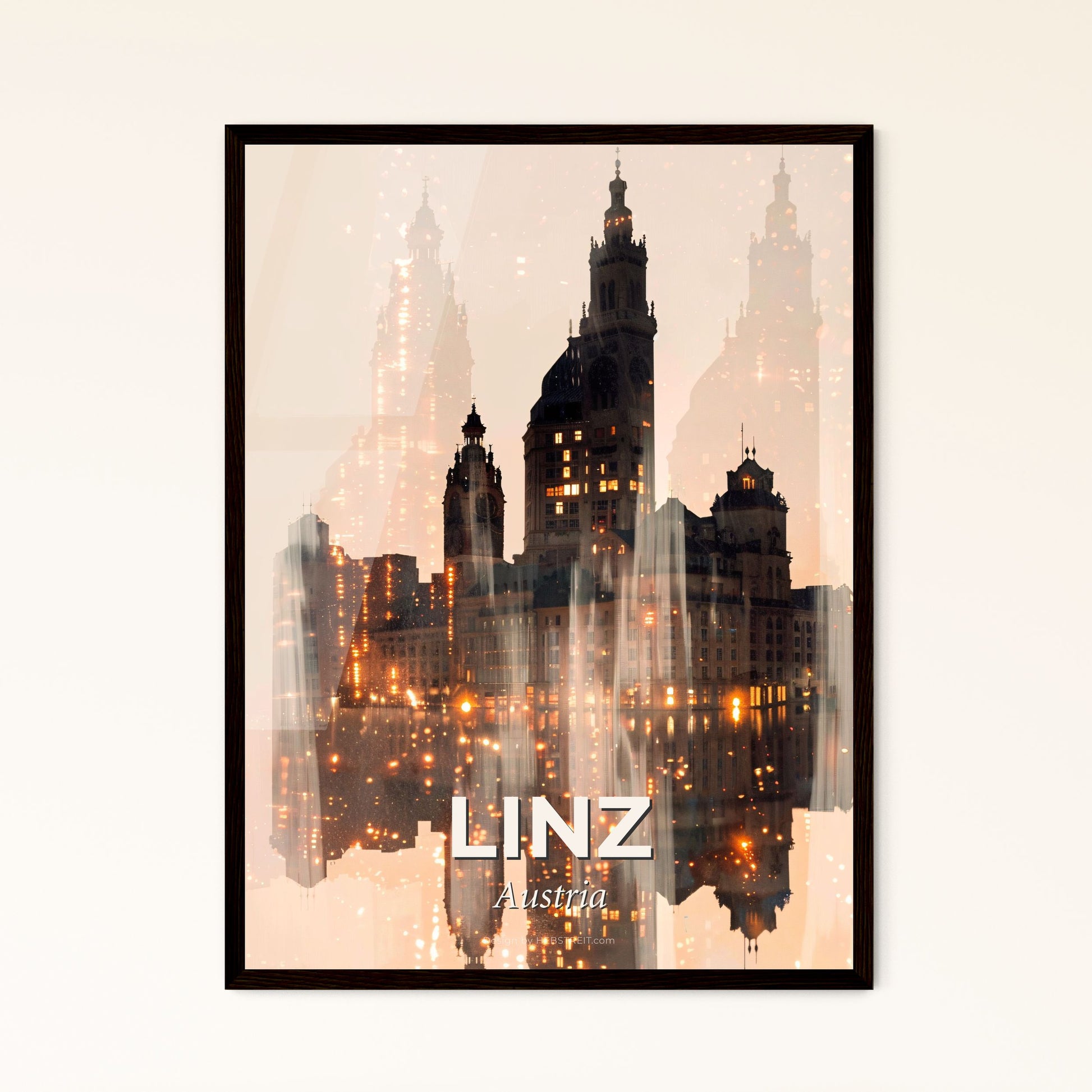 Linz Austria Cityscape Silhouette Art Poster - A city skyline with lights