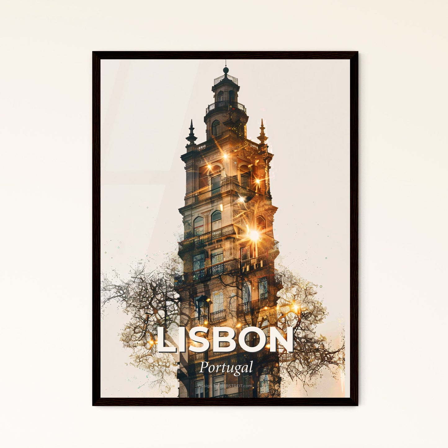 Lisbon Skyline Double Exposure Poster Print - A tall building with a tower and trees