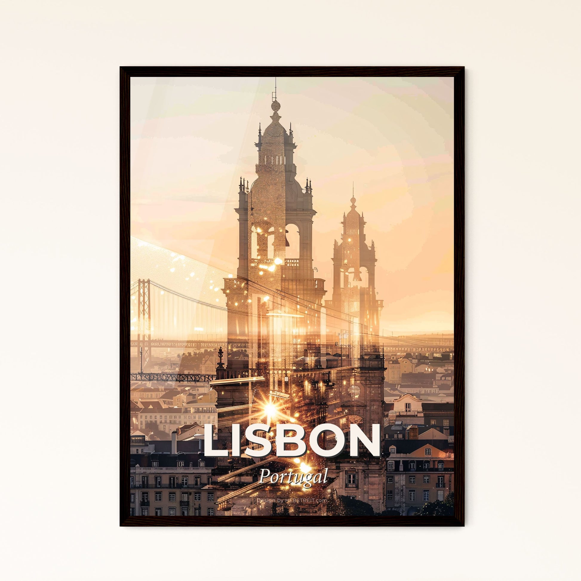 Lisbon Skyline Double Exposure Cityscape Poster Art - A city with a bridge and a tower