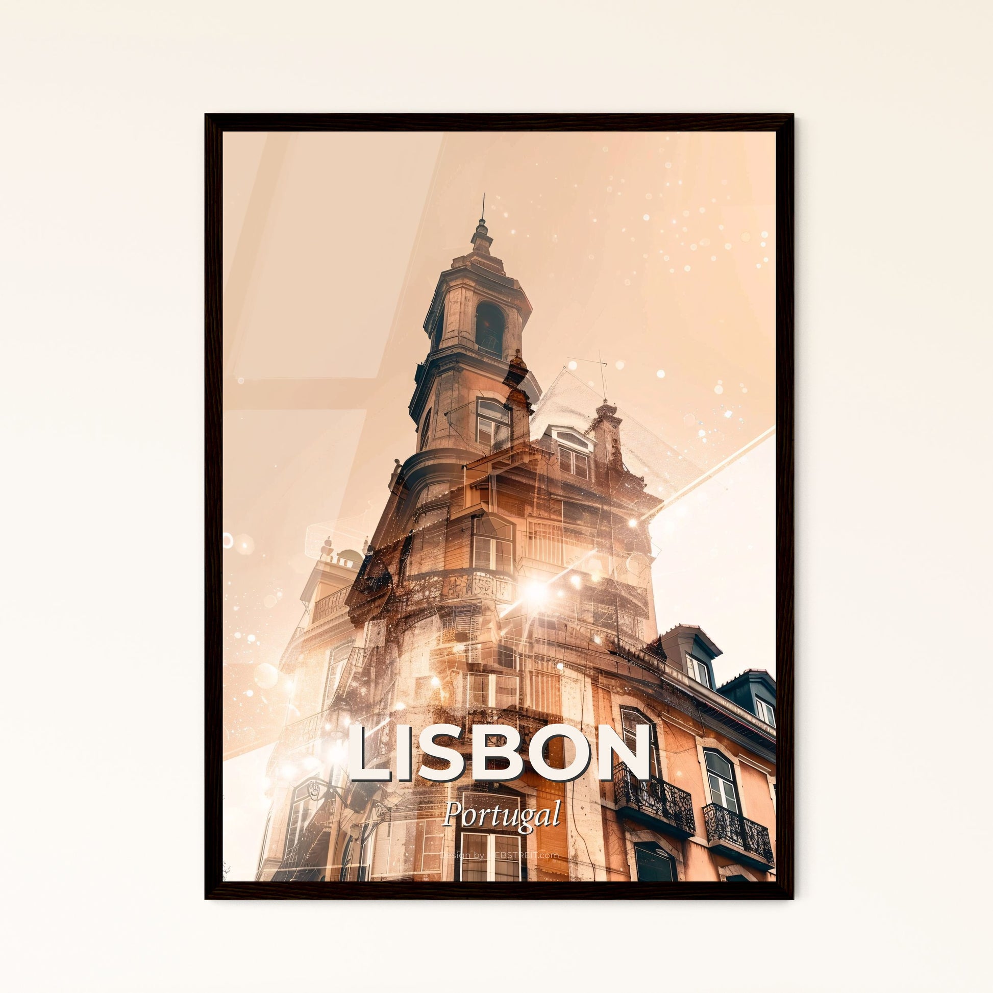 Lisbon Skyline Double Exposure Cityscape Artwork - A building with a tower