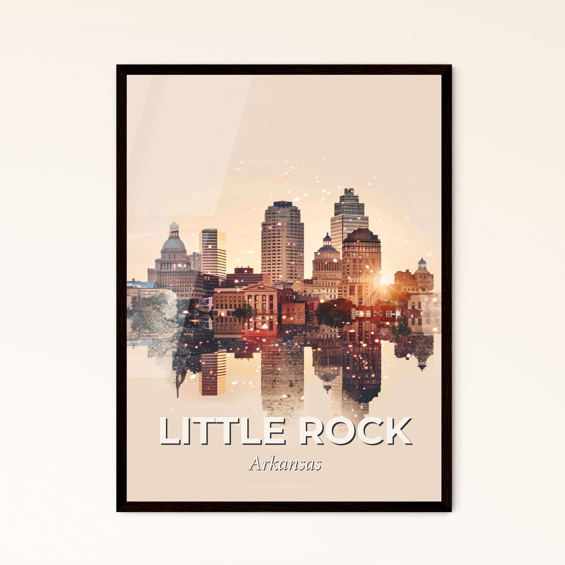 Little Rock City Skyline Poster Art with Sparkle - A city skyline with buildings reflecting in water