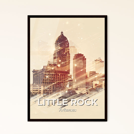 Little Rock Cityscape: Icons and Architecture on Beige - A city with snow falling