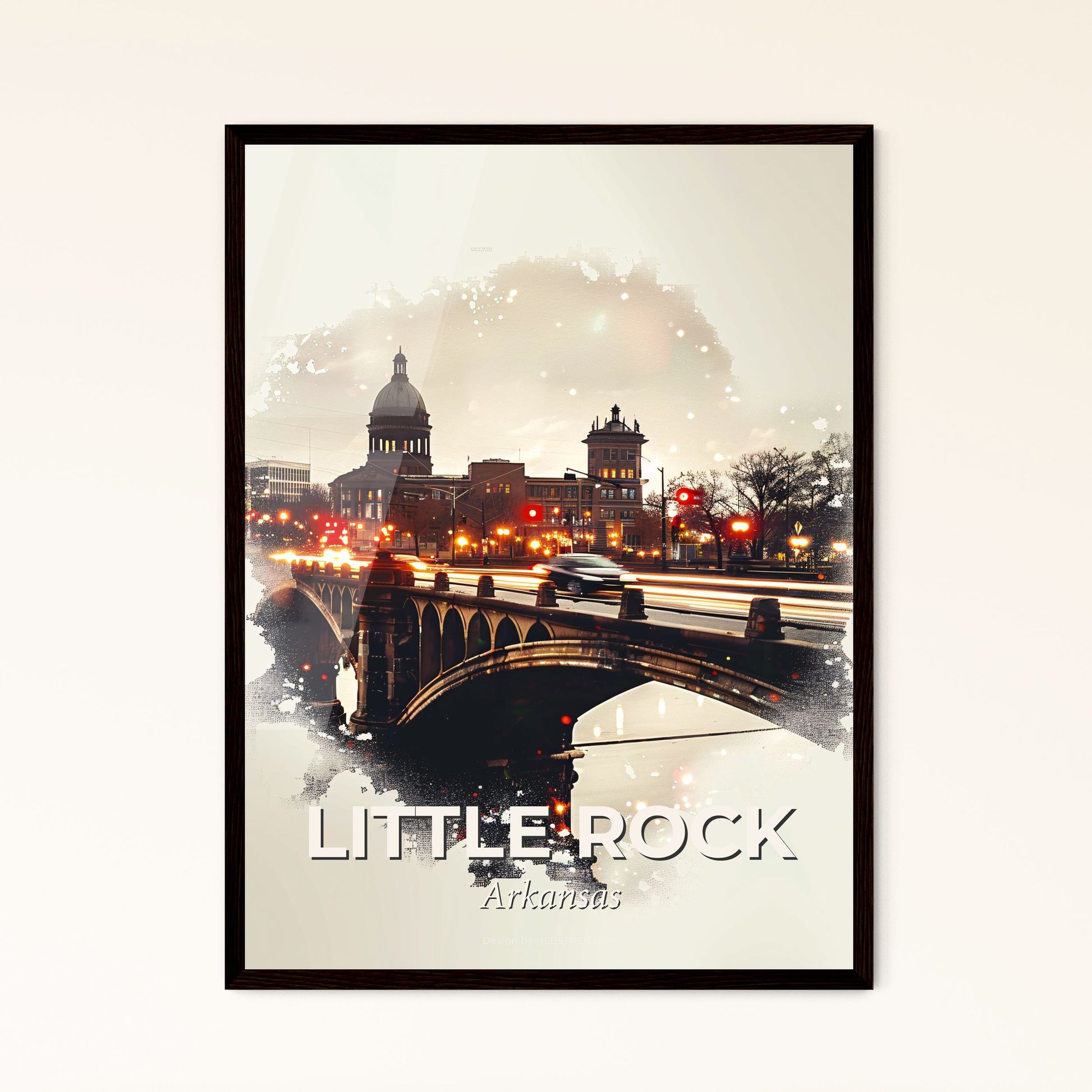 Little Rock Cityscape Double Exposure Poster Art - A bridge with cars on it and a building in the background