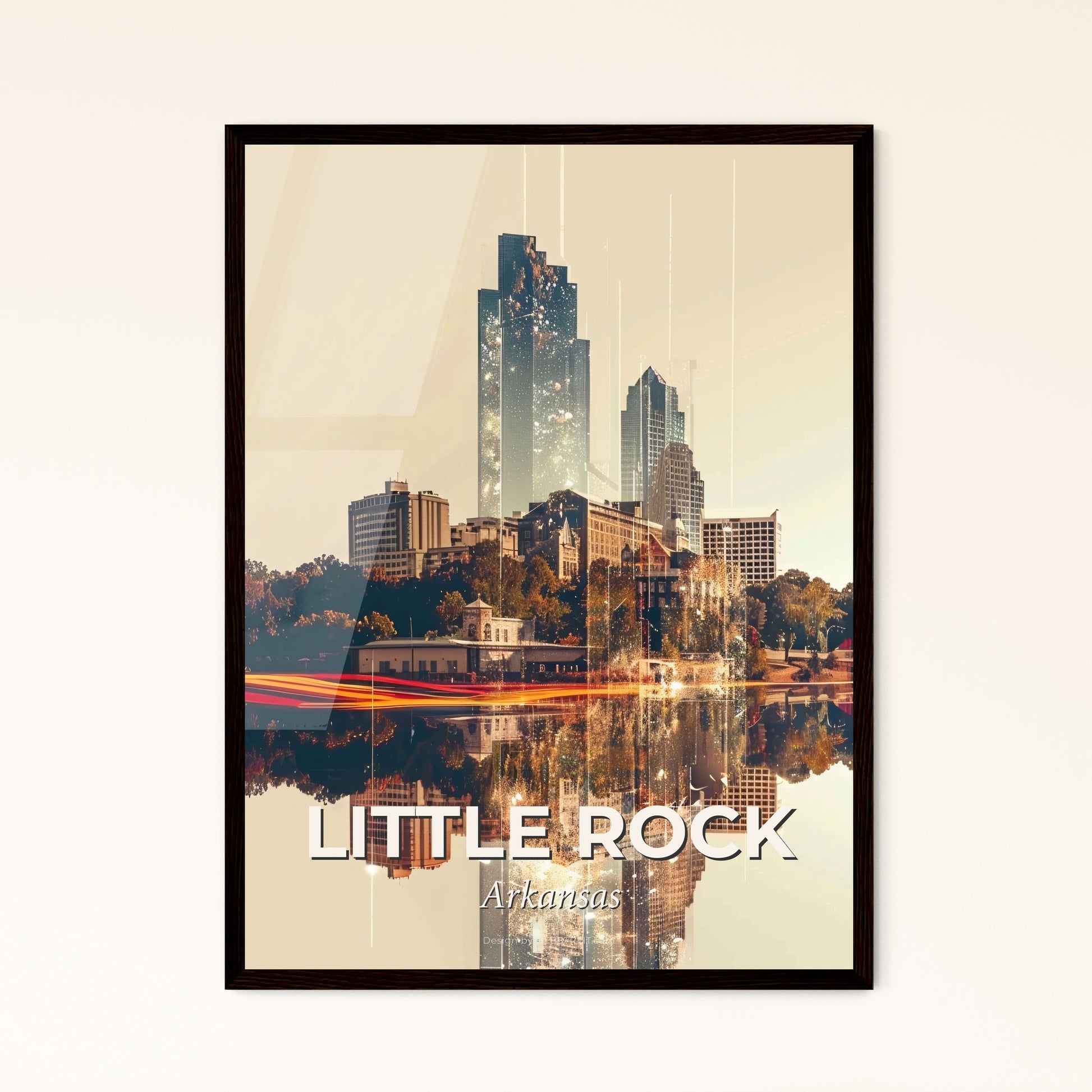 Little Rock Cityscape Double Exposure Artwork - A city skyline with trees and buildings reflected in water