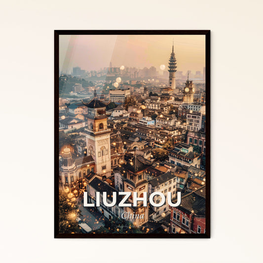 Liuzhou Skyline: Double Exposure Art Deco Poster - A city with many buildings and a tower