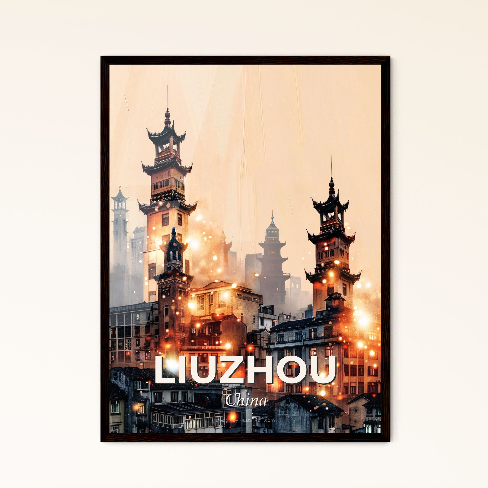 Liuzhou China Skyline Art Deco Poster - A city with tall buildings and a few lights