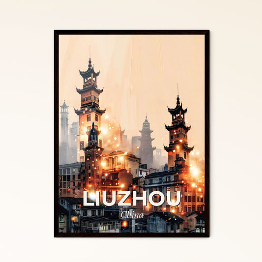 Liuzhou China Skyline Art Deco Poster - A city with tall buildings and a few lights