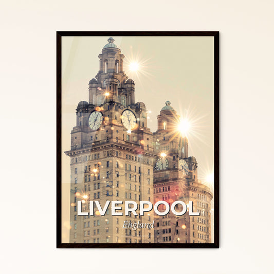 Liverpool: Double Exposure Cityscape Silhouette - A large building with clocks on top with Royal Liver Building in the background