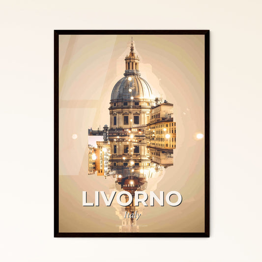 Livorno Italy Skyline Double Exposure Composite Art Poster - A building with a dome and a building with lights