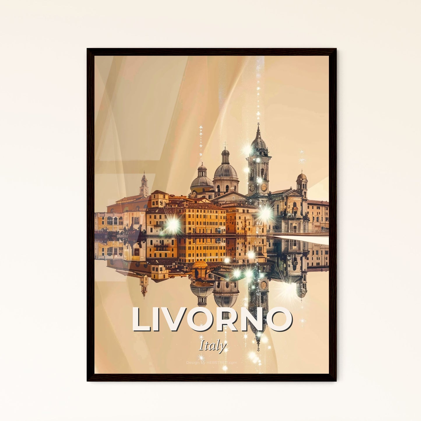 Livorno Skyline Cityscape Double Exposure Poster - A city with buildings and lights reflecting in water