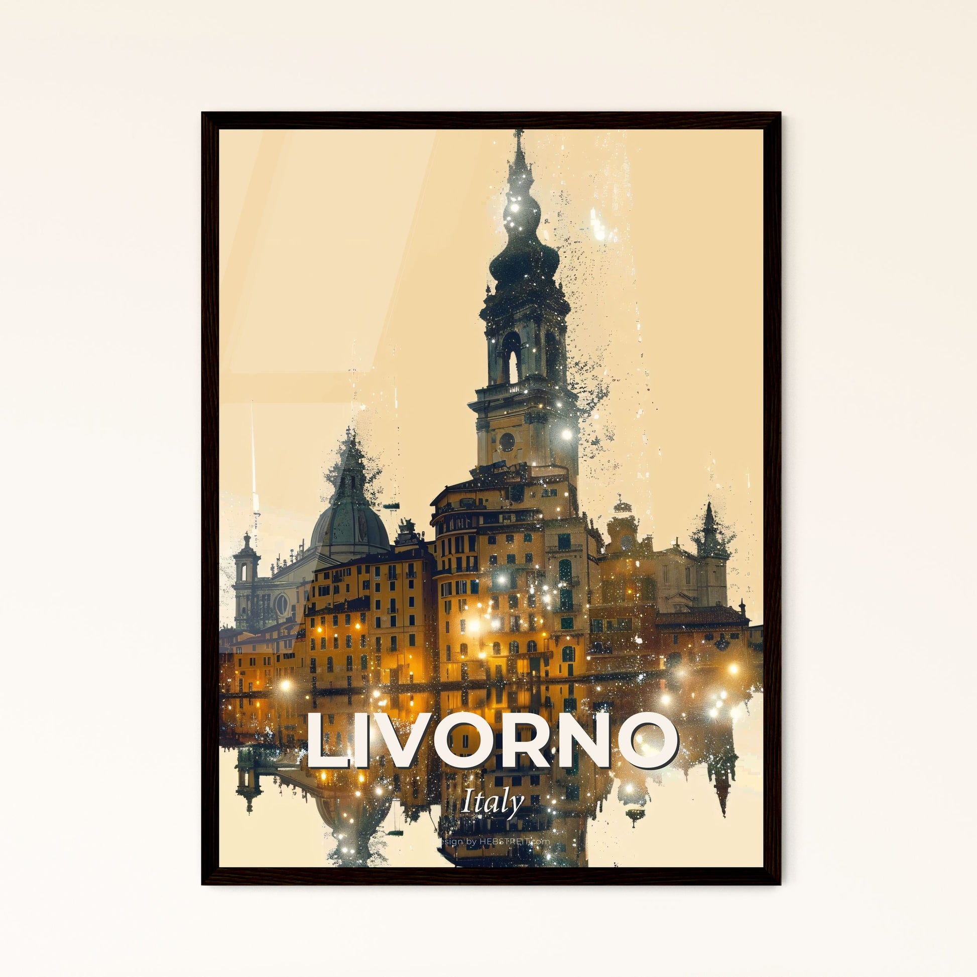 Livorno: City Skyline Double Exposure Art Poster - A building with a tower and a bell tower