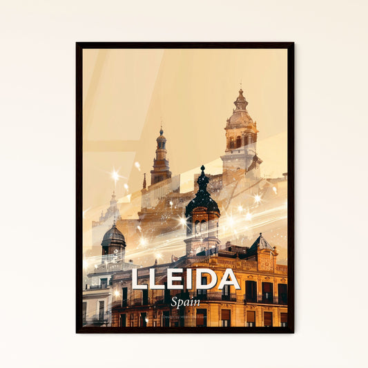 Lleida City Skyline Double Exposure Art Print - A building with towers and a star