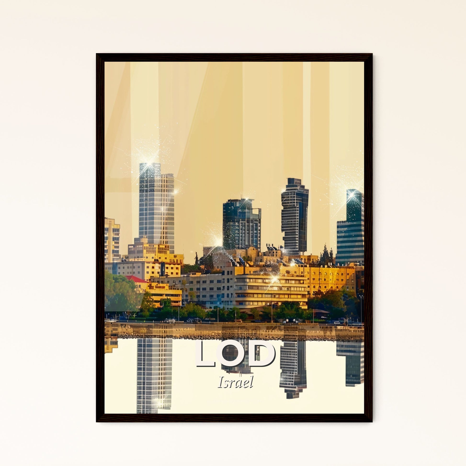 Lod, Israel Double Exposure Skyline Art Poster - A city skyline with buildings and trees