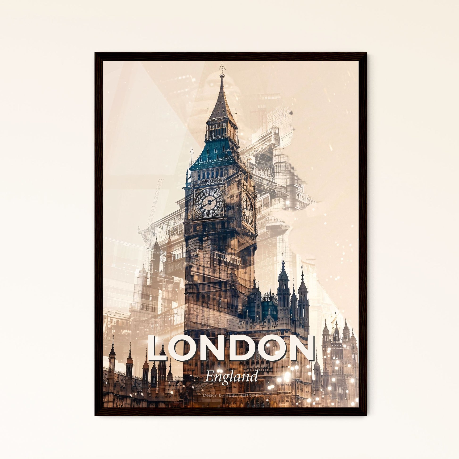 London Skyline Composite Art with Bright Beige Background - A clock tower with a tower in the background