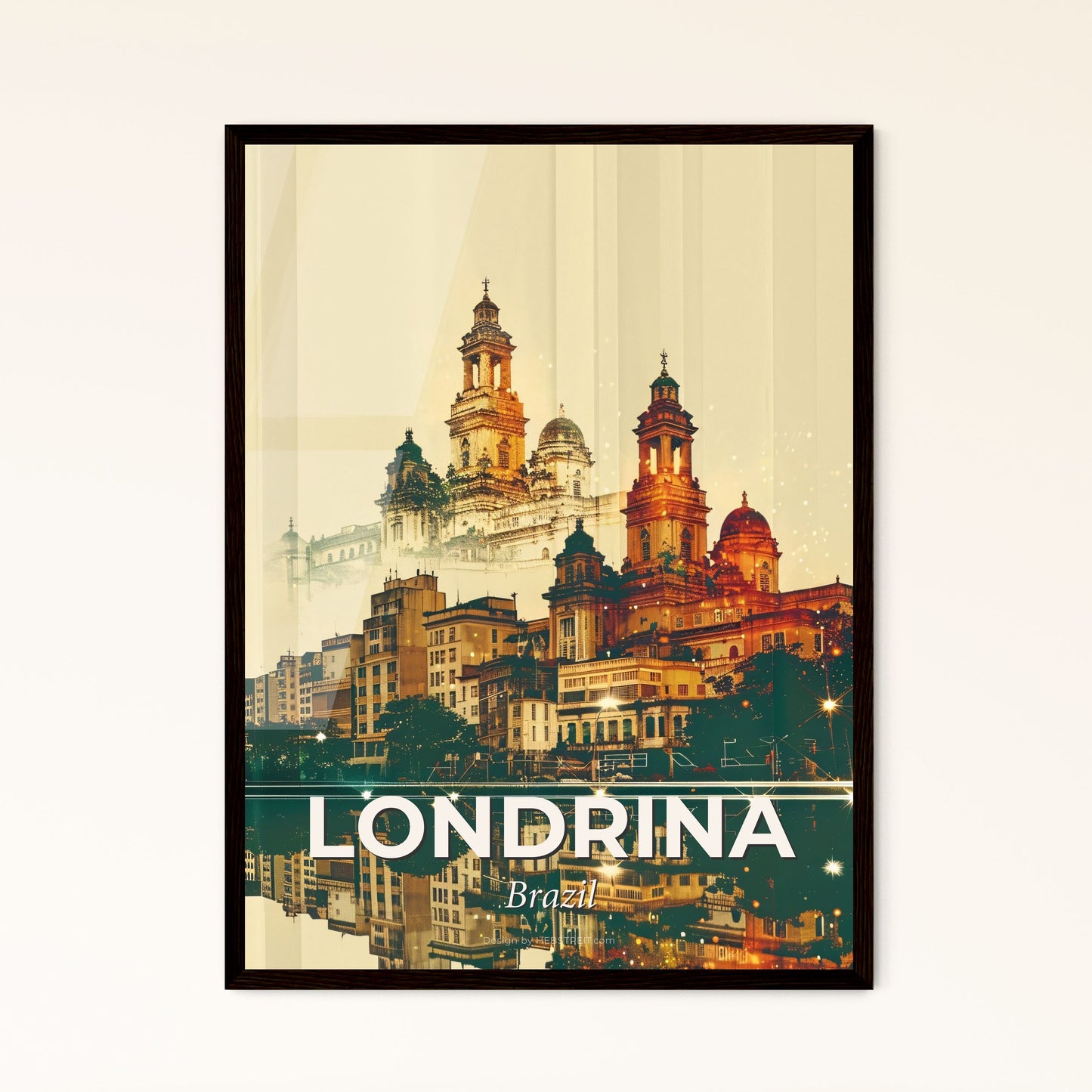 Londrina Skyline Art: Beige City Icons - A city with many towers and a reflection of the water