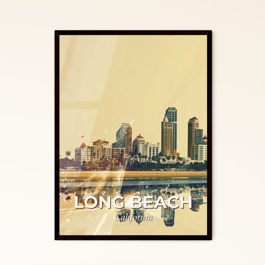 Long Beach Sunset Architecture Poster - A city skyline with palm trees and a body of water