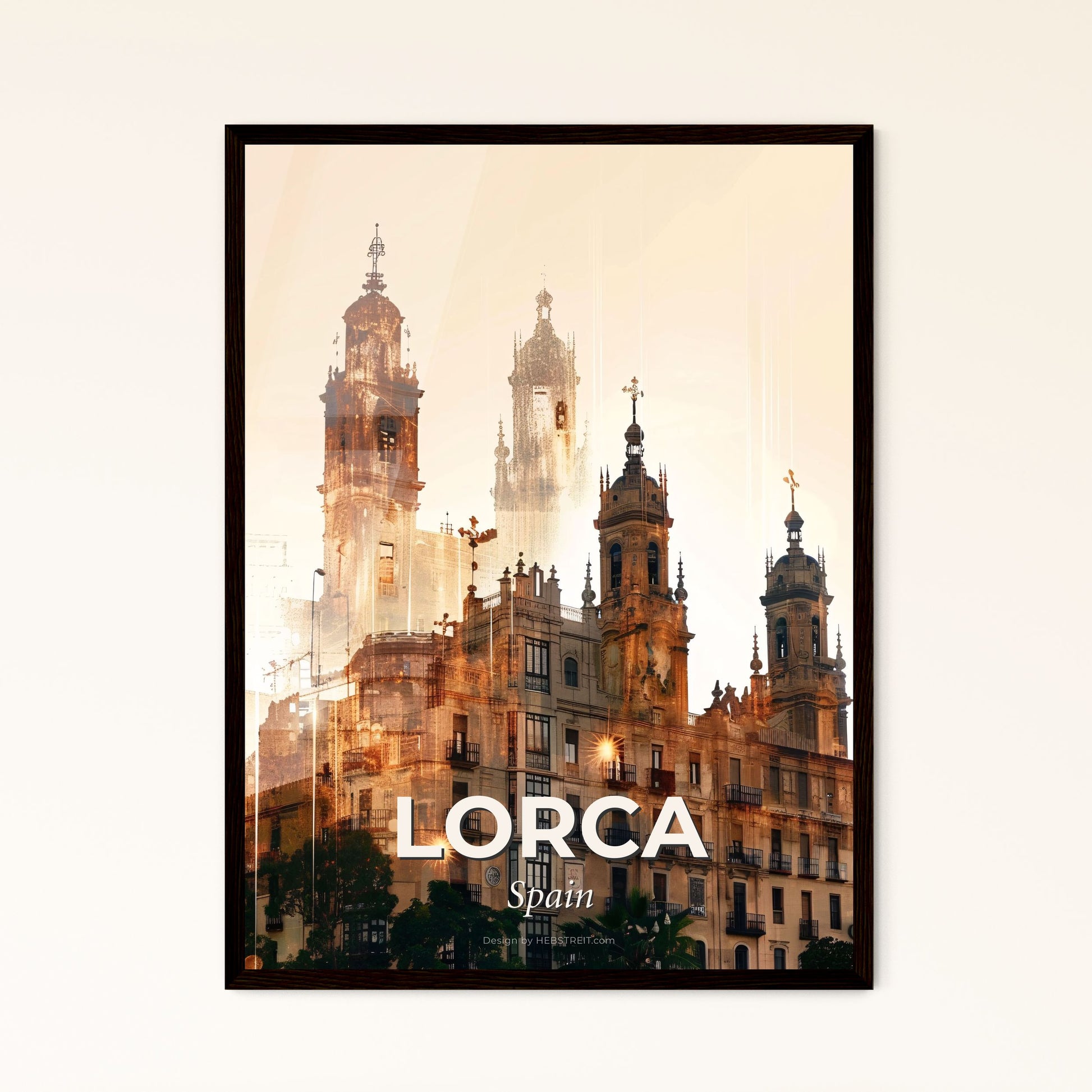 Lorca City Skyline Poster Art Composite Double Exposure - A building with towers and a street light