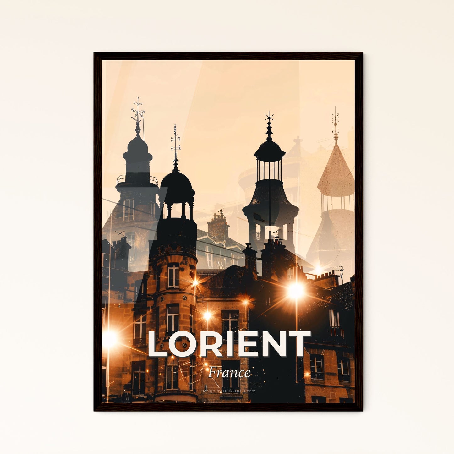 Lorient City Silhouette Skyline on Beige Paper - A building with a tower and a street light