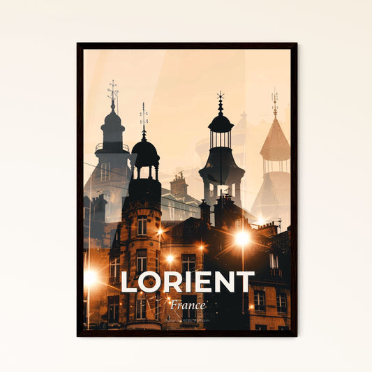 Lorient City Silhouette Skyline on Beige Paper - A building with a tower and a street light