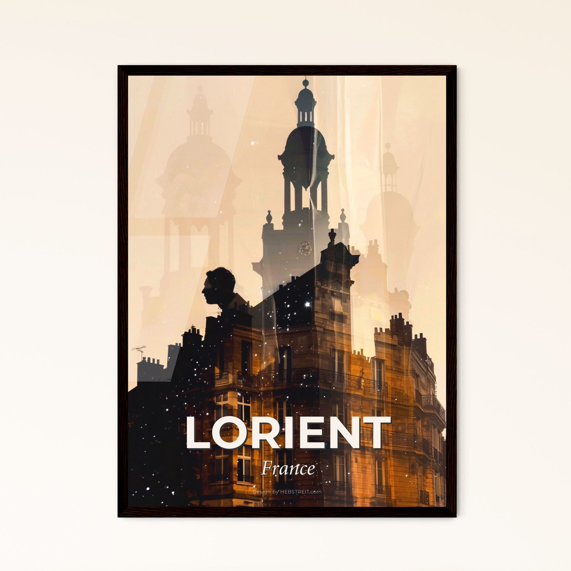 Lorient: Composite City Art Poster with Sparkles and Subtle Backlights - A double exposure of a building