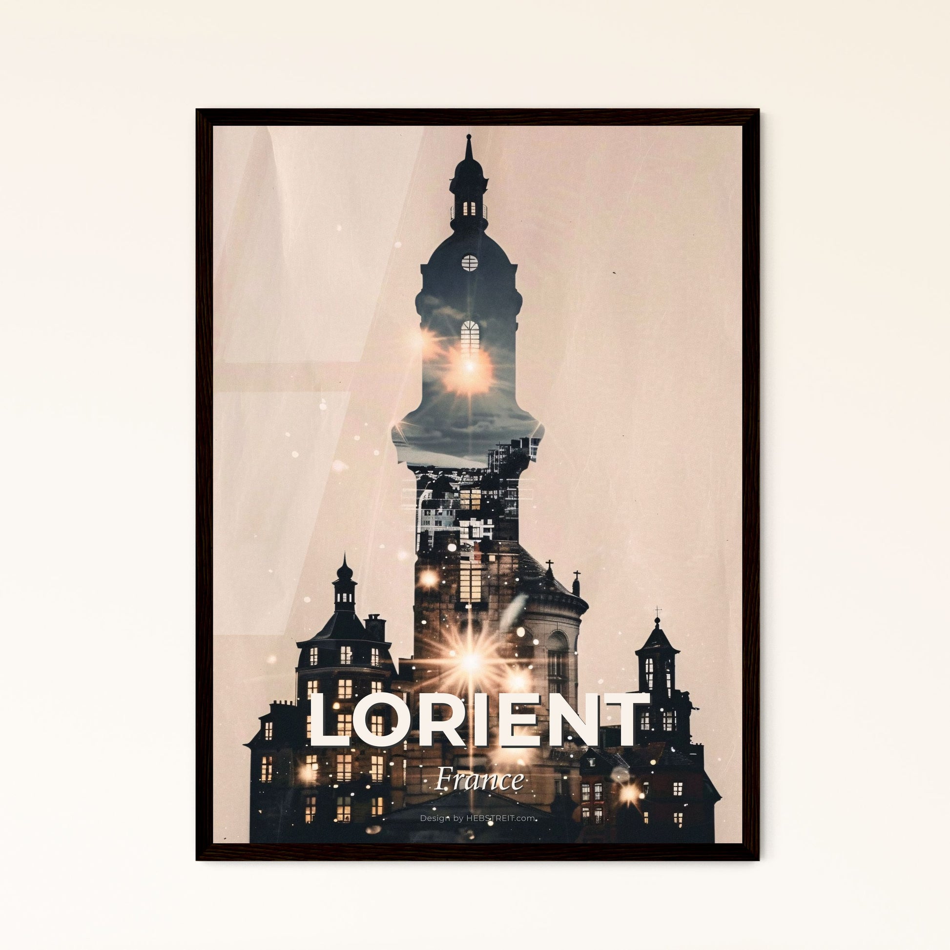 Lorient Skyline Art Composite Beige Tones - A building with a tower and lights