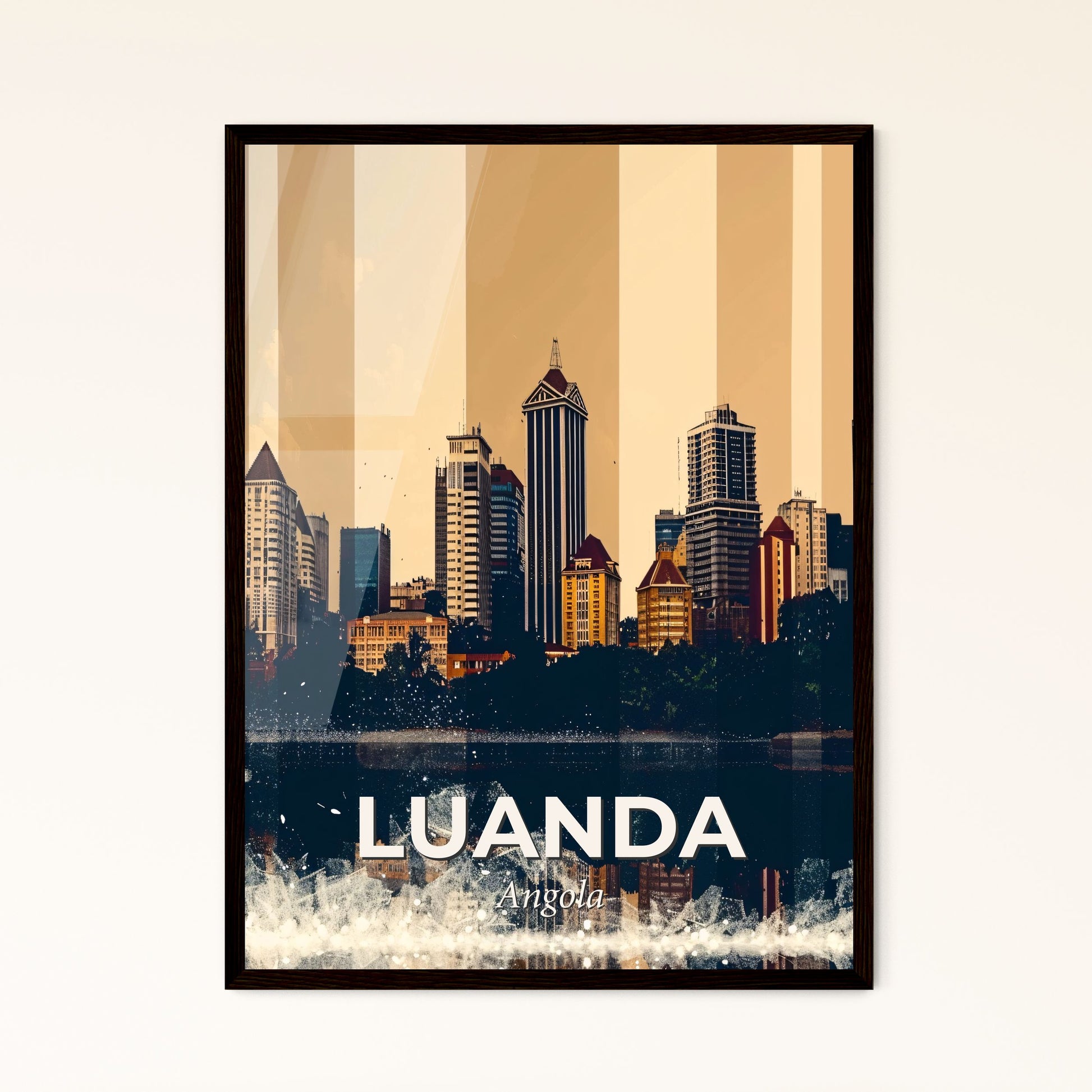 Luanda Skyline Double Exposure Poster Art - A city skyline with tall buildings and trees