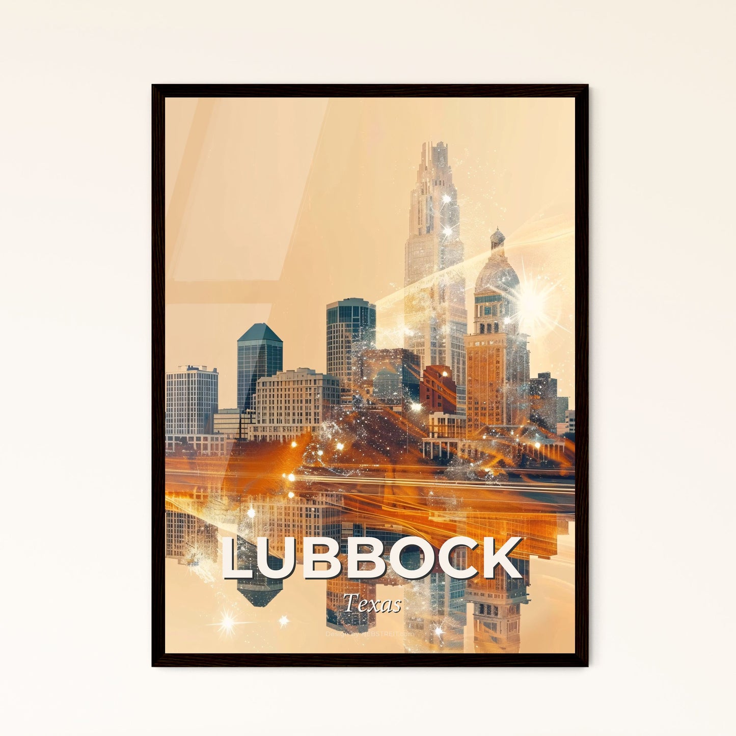 Lubbock City Skyline Iconic Pastel Sparkle - A city skyline with a reflection of the sun