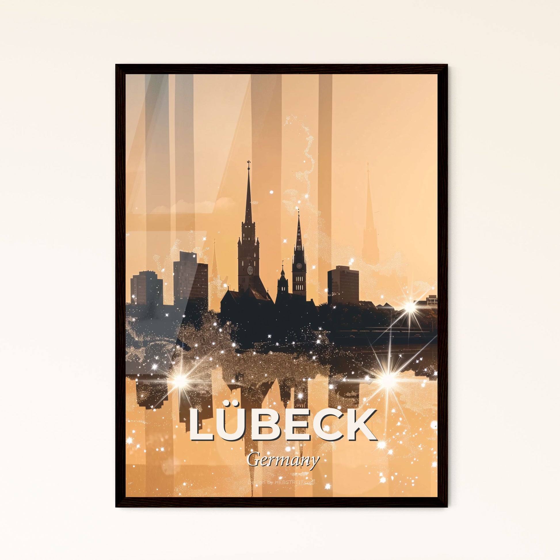 Lubeck Skyline Double Exposure Silhouette Art Poster - A city skyline with a reflection of the sun