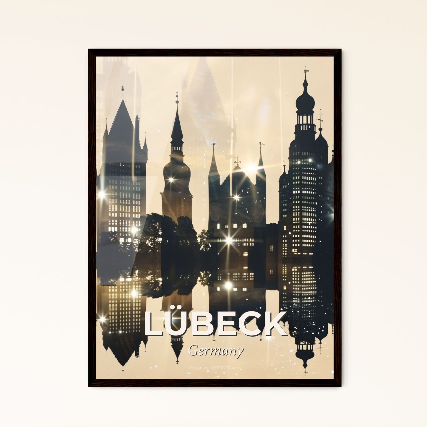 Lübeck Skyline Dreamy Beige Sparkles - A silhouette of a city with many towers and buildings