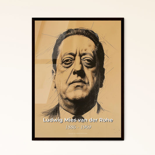 Elegant Minimalism: Mies van der Rohe Portrait - Contemporary Art Print on Beige, Framed or Aluminum Finish - Perfect Gift & Décor