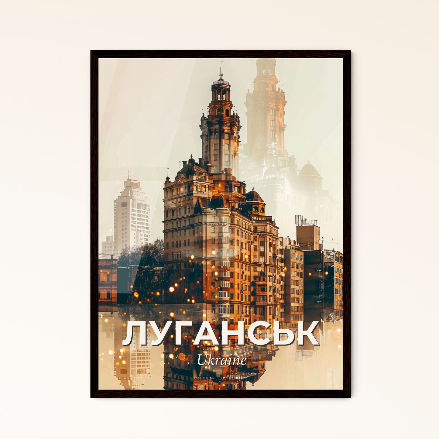 Luhansk City Skyline Icons on Bright Paper - A large building with a tower in the middle of a body of water