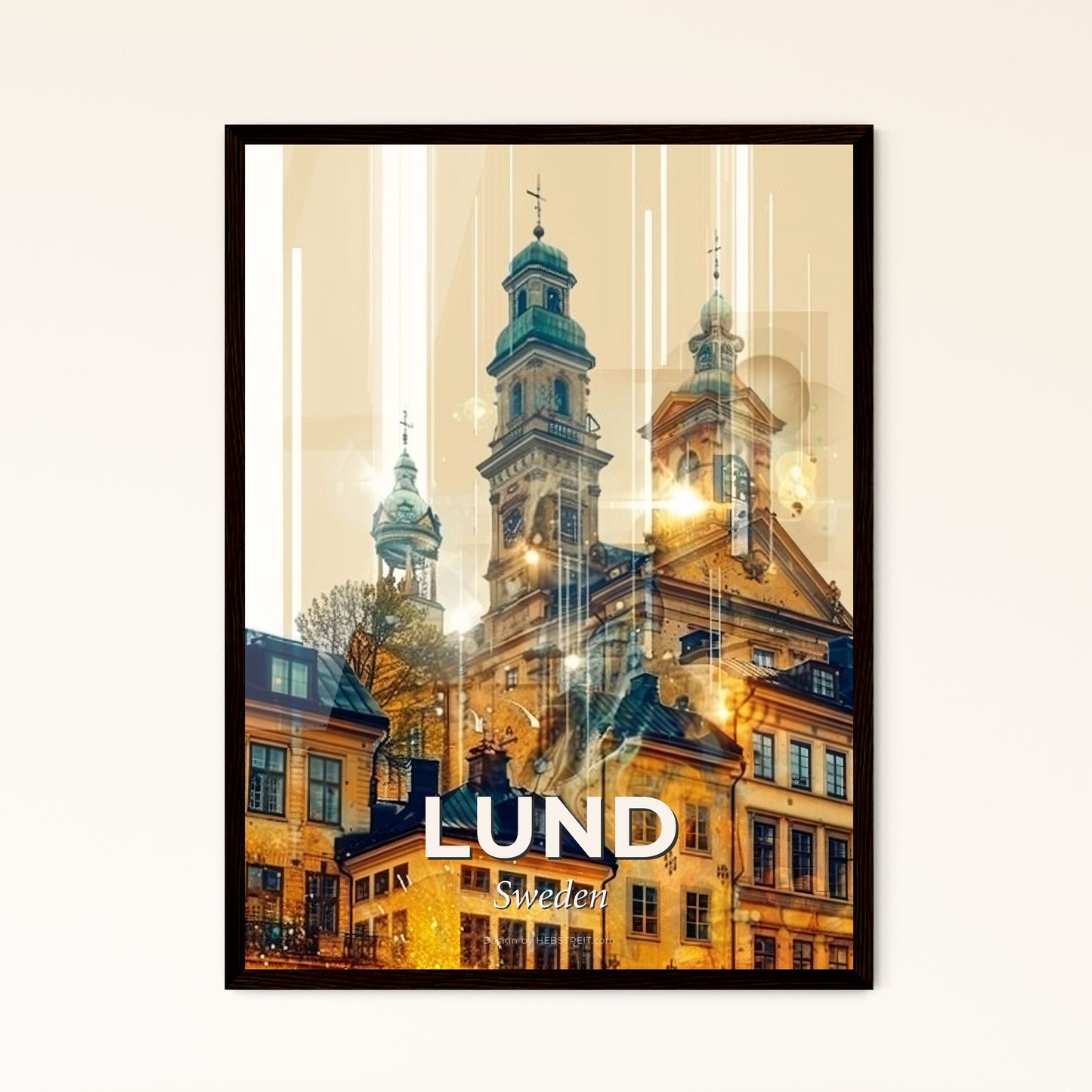 Lund City Skyline Dreamy Art Print - A building with towers and a statue in the background