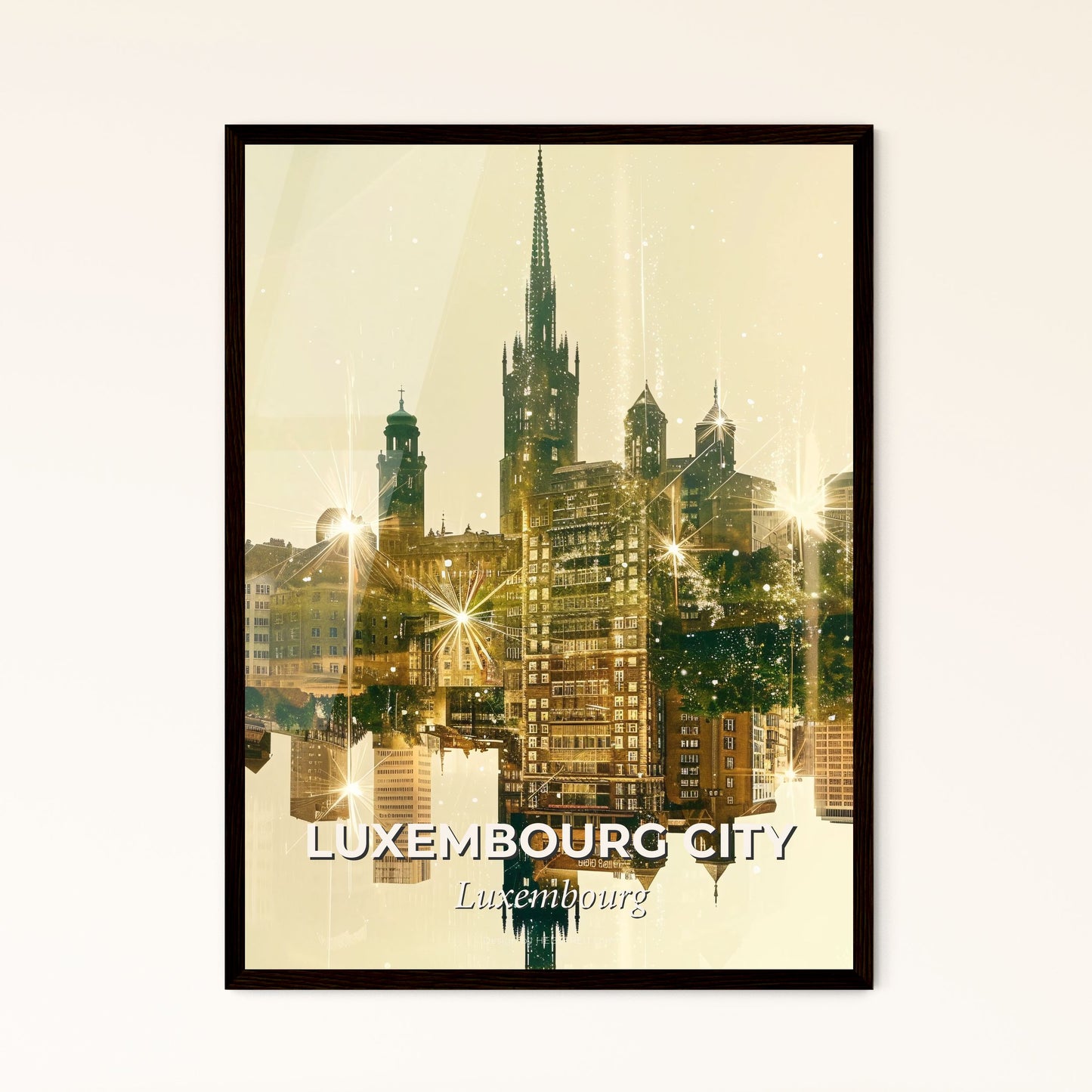 Luxembourg City Skyline Double Exposure Art - A city skyline with many buildings and a reflection of the sun