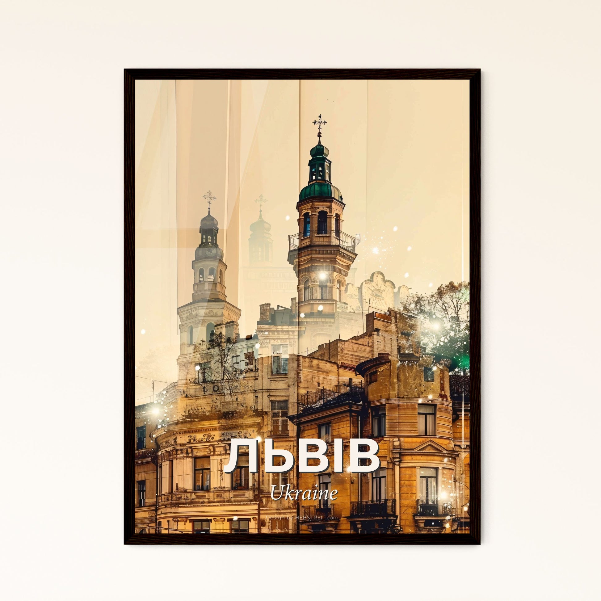 Lviv Skyline Double Exposure Art Deco - A building with a tower