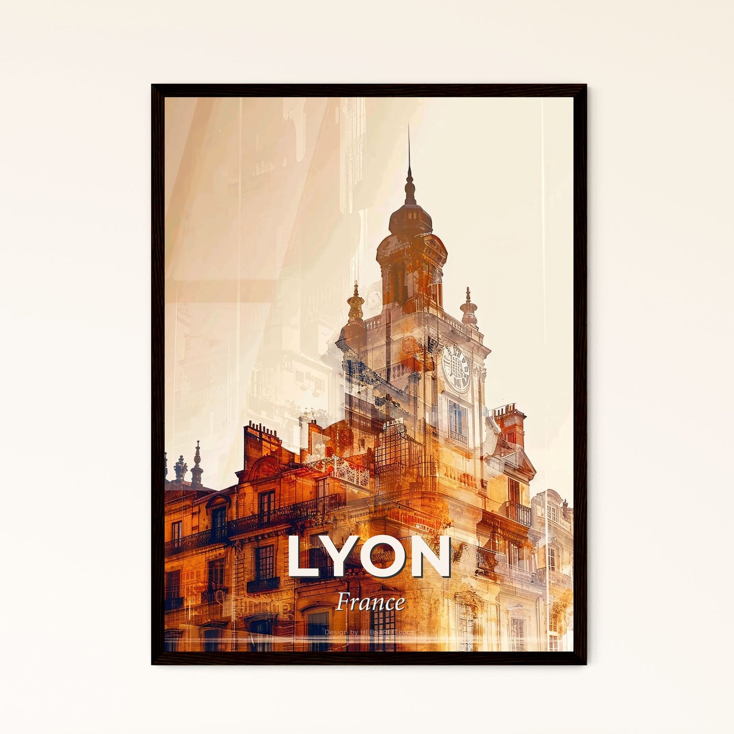 Lyon Skyline Double Exposure Silhouette Art Beige Poster - A building with a clock tower