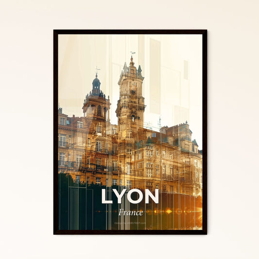 Lyon Skyline Poster: Icon Silhouette on Beige - A building with a tower and a tree